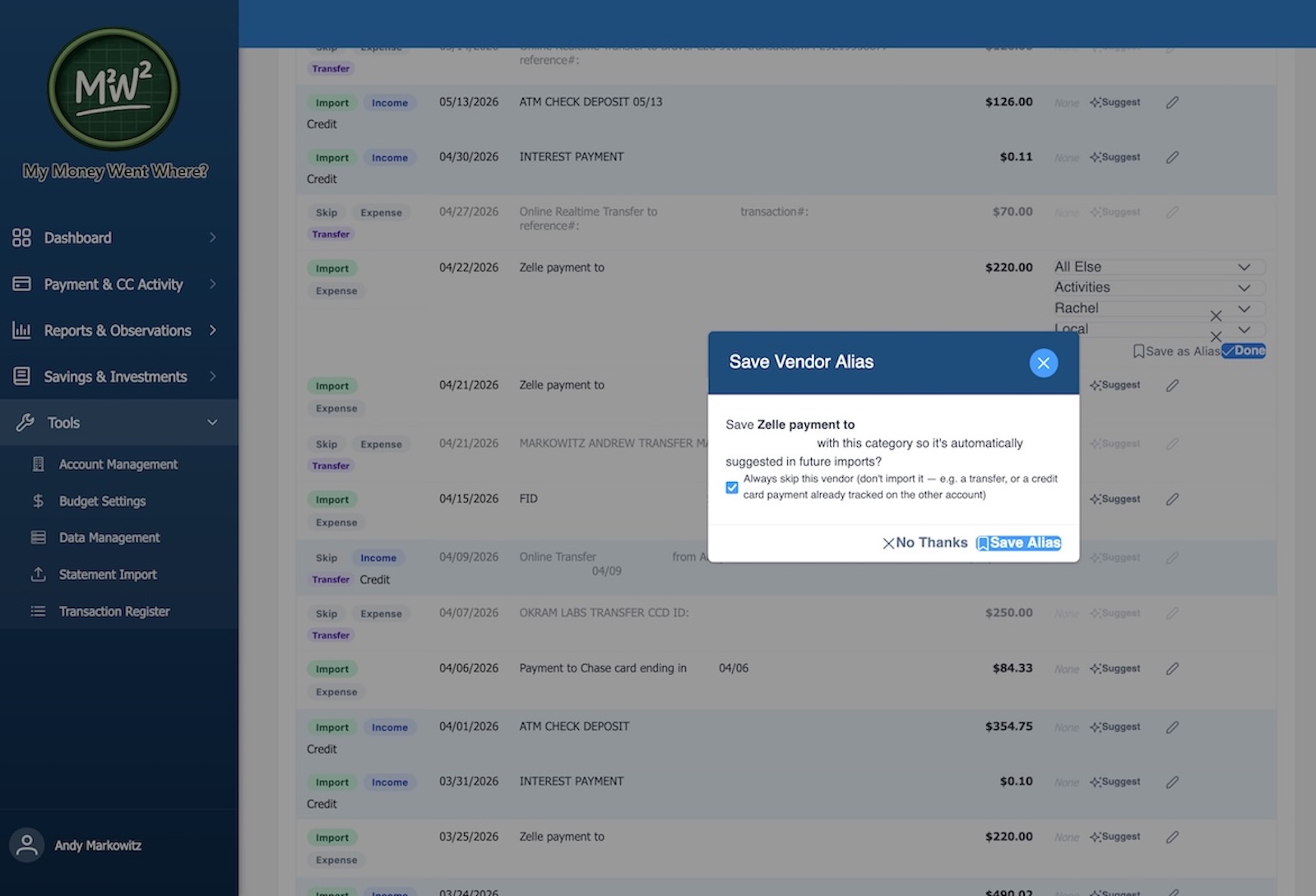 Reasoned detection of the category a given transaction belongs in and providing the user an opportunity to save similar transactions to the same category at a later time.