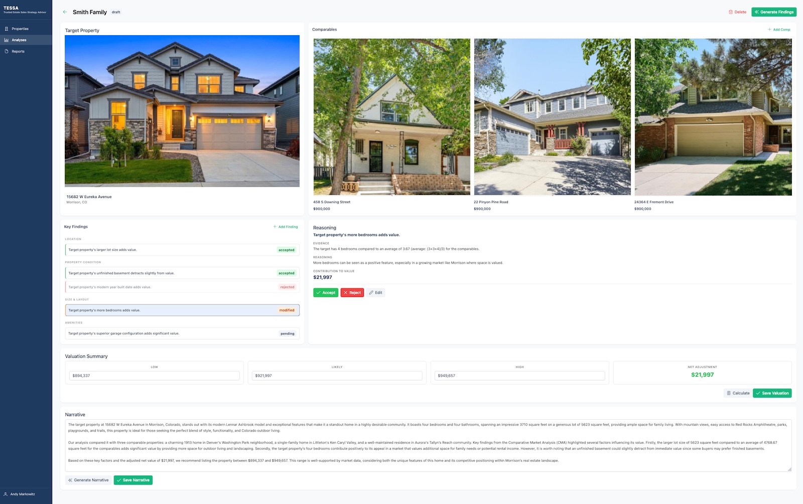 Property comparison interface — target property, comparables, and the analysis panel, side by side.